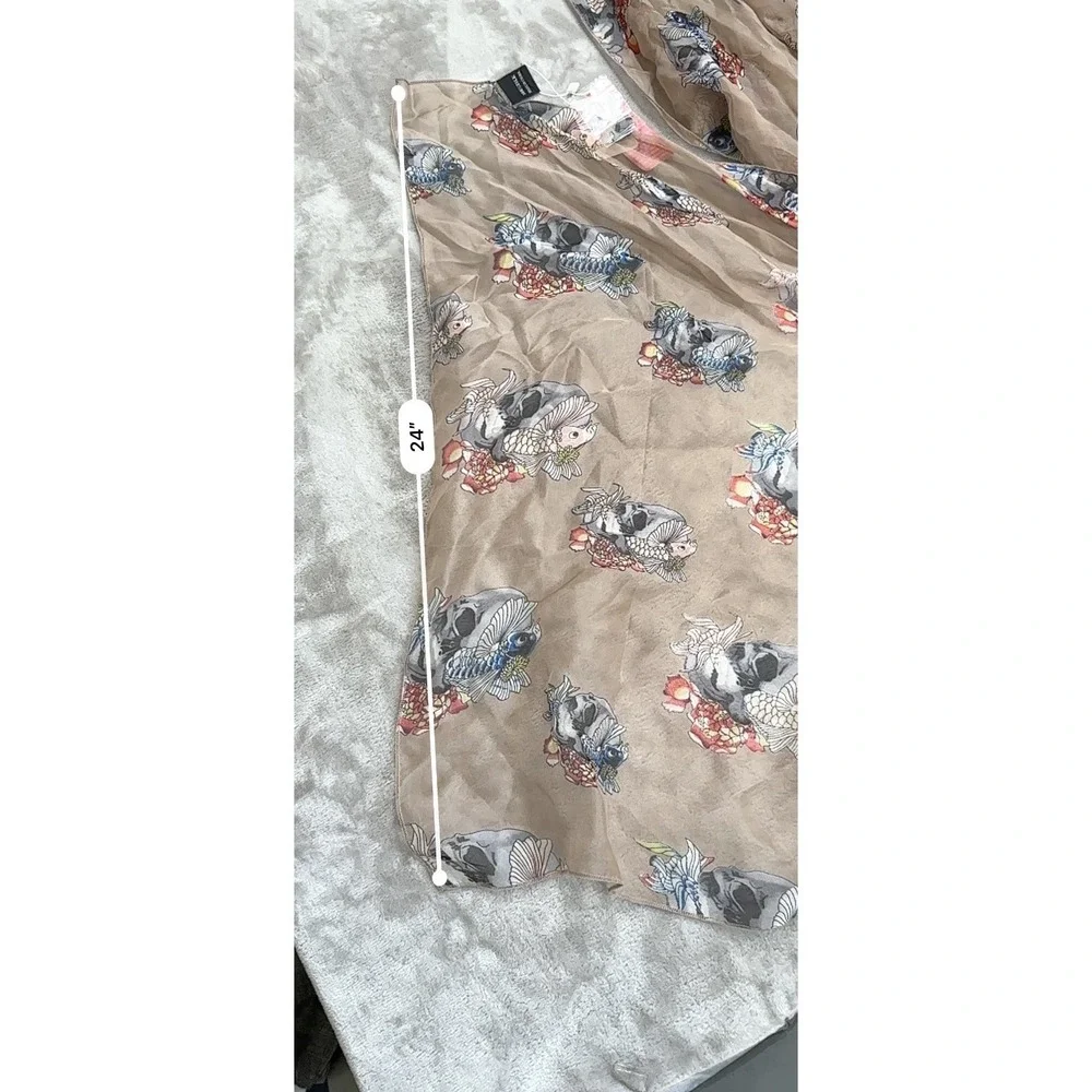 100% Silk Scarf Skull & Koi Fish Print Sheer 2' x 8' Brand New With Tags A. Zooe